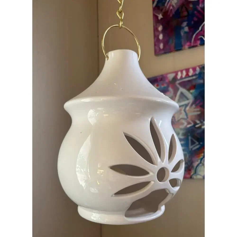 Floral Lantern Hanging on Gold Chain, Ceramic Candle Holder, PartyLite Sonata